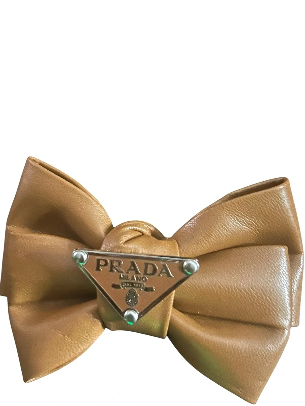 Tan Leather Bow Hair Clip with Logo Plaque